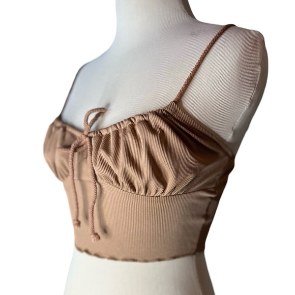 Shein Women’s Tan Ribbed Cottage Crop Top with Ruffle Hem - Picture 3 of 9